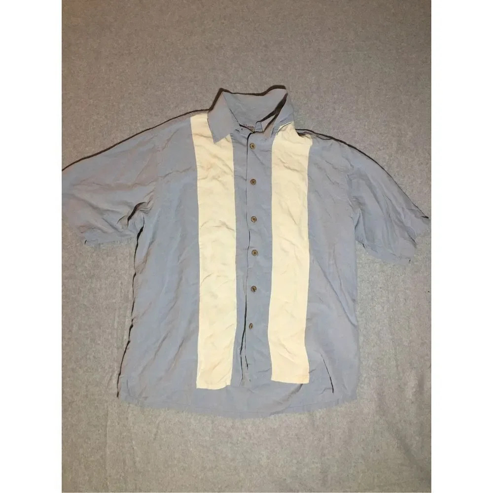 Mens Caribbean Shirt Size Large White Blue Bowlers Shirt Stripes Vintage Silk
